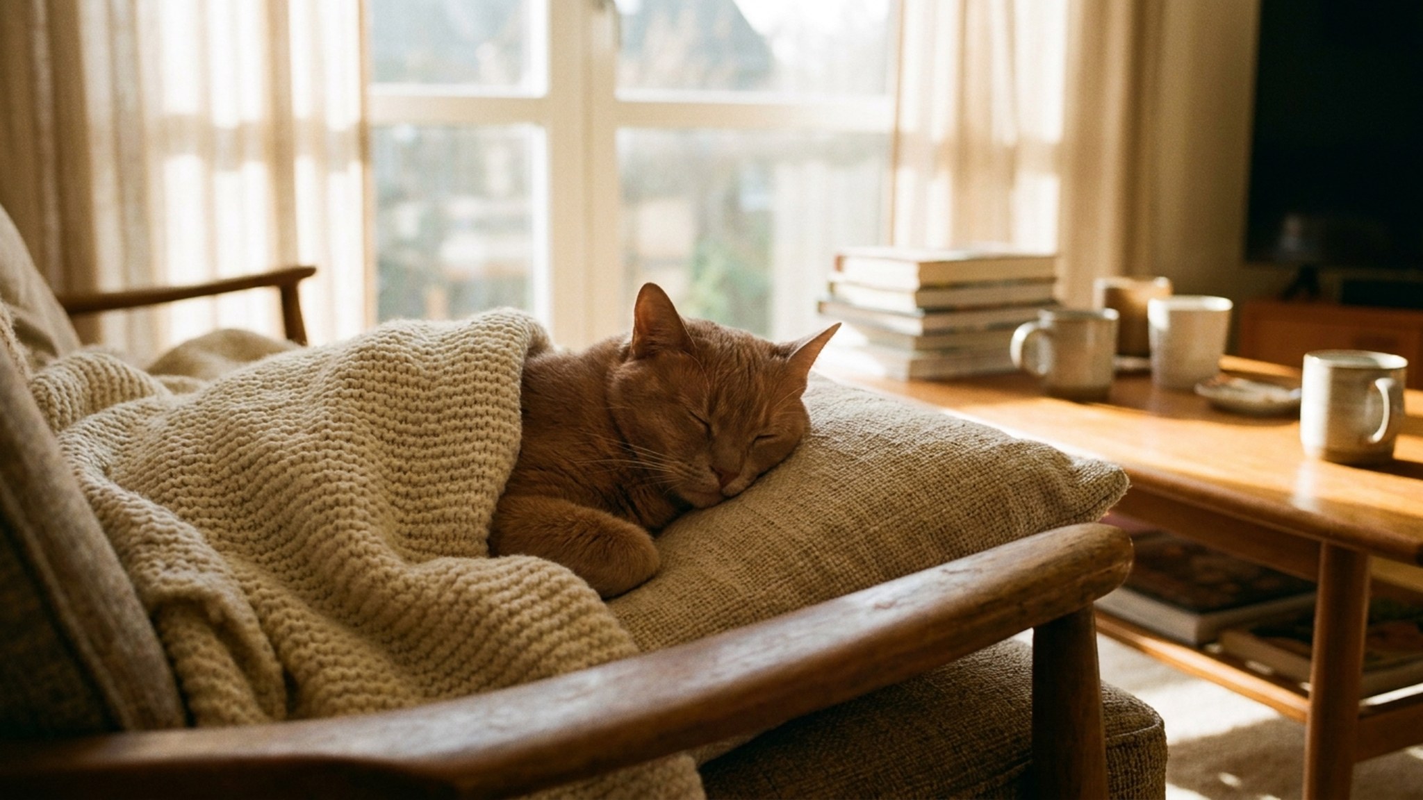 Кошка супхалак с насыщенным медно-коричневым окрасом и золотистыми глазами смотрит в камеру, мягкий тёплый свет